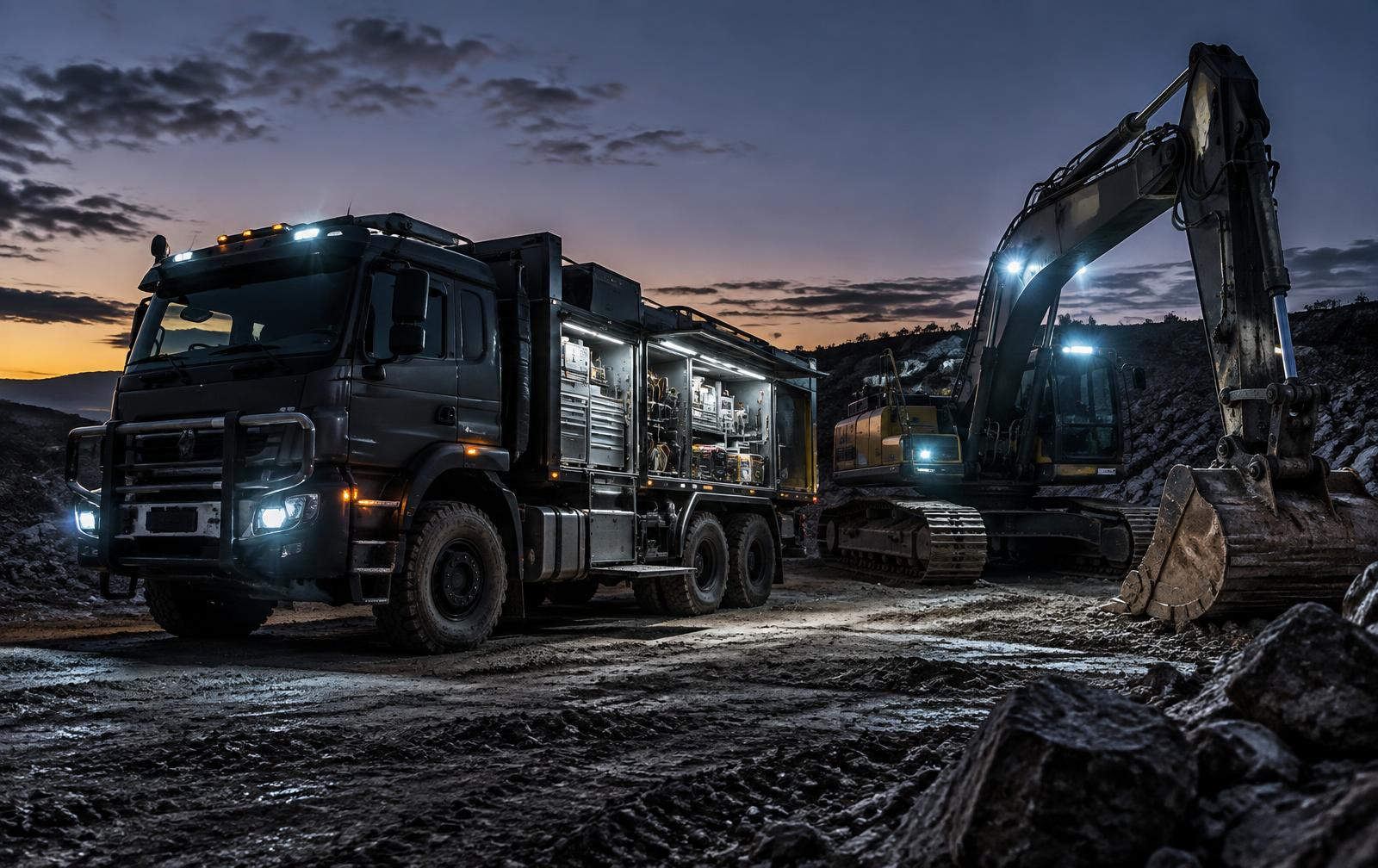 Commercial service truck and excavator at a jobsite
